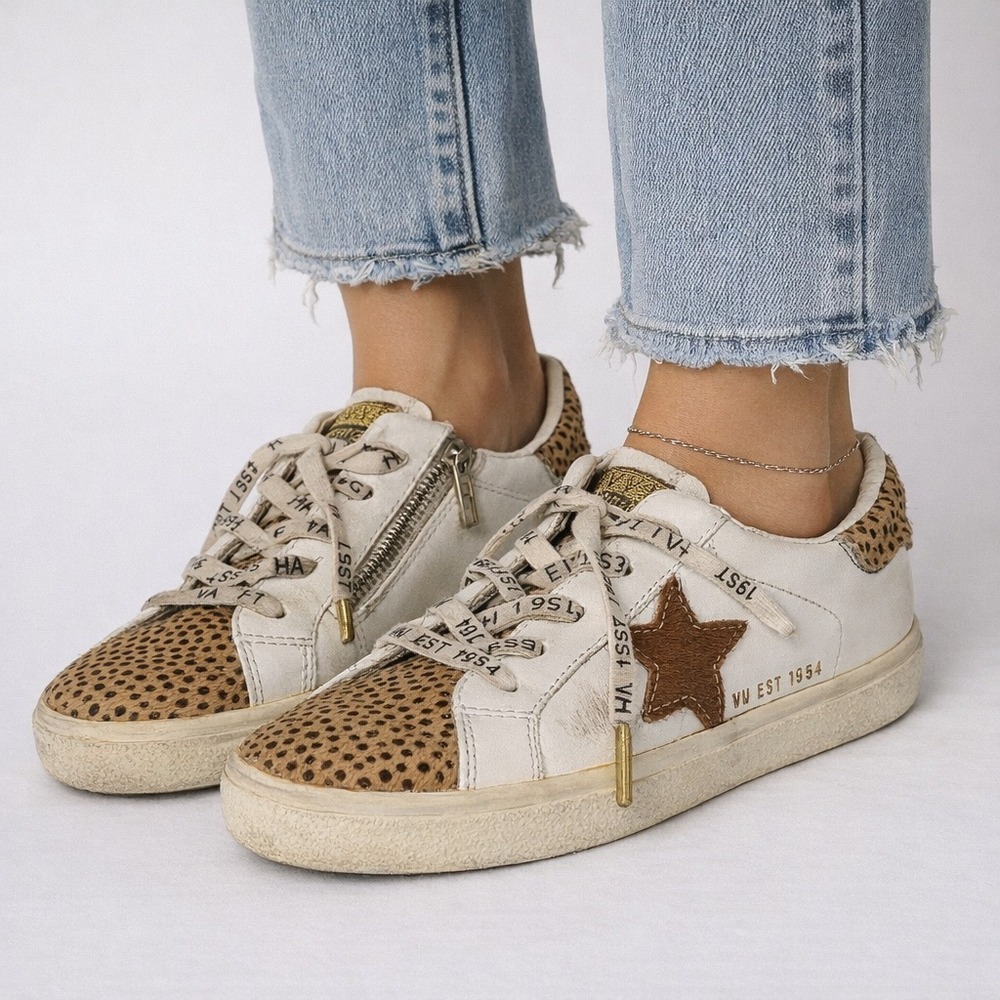 Vintage Havana Sneaker Womens Size 5 White Cheetah Print Star Zip Calf Hair Shoe